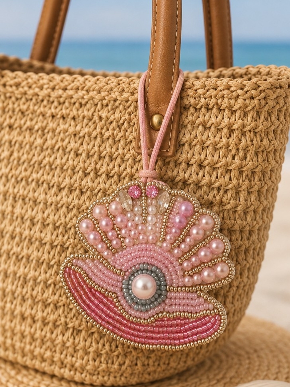 Pink Beaded Shell With Pearl Purse Charm